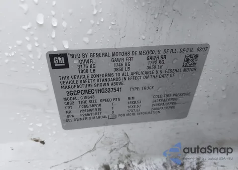 2017 Chevrolet Silverado 1500 1Lt from USA, damaged, VIN 3GCPCREC1HG337541